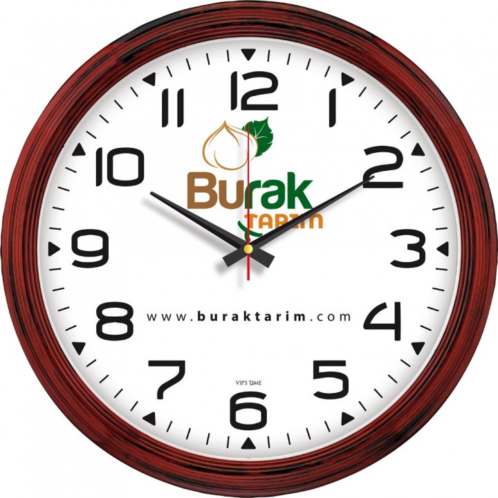 Logo Baskılı 46 cm Koyu Maun Ahşap Desenli Geniş Bombeli Plastik Duvar Saati